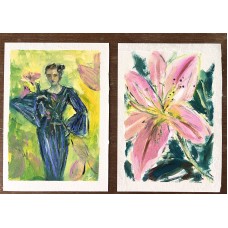 “Lilies and Her” — an oil diptych story on paper  An original pair of paintings, 15×20 cm each